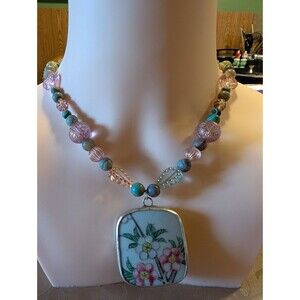 Ooak Pink Grey Broken China Pendant Necklace handmade Green Agate